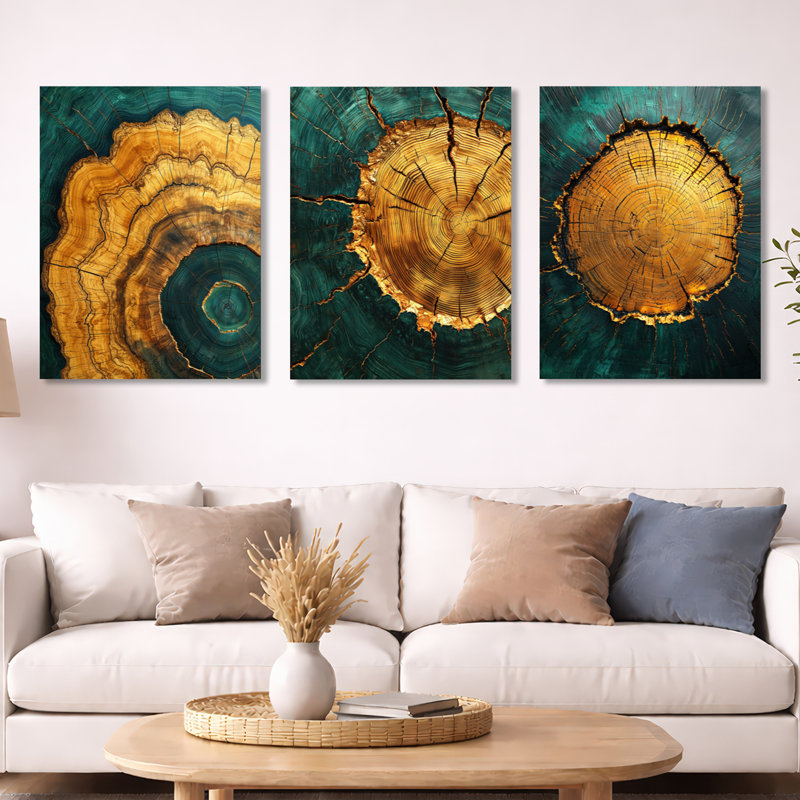 «Emerald Stone and Wood Slide Roots of Serenity I», impression d'art mural en métal 3 pièces, 32" H x 72" W