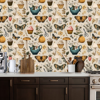 Peel and Stick Wallpaper Vintage Botanical Butterflies Bees Flowers Fruits Beige Contact Paper Removable Self Adhesive Wall Mural Wall Decor for Bedroom Kitchen Cabinets 24in x 118in