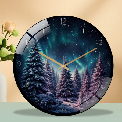 Clock-Face-with-Aurora-Winter-Forest Art - 12'' Modern Glass Wall Clock