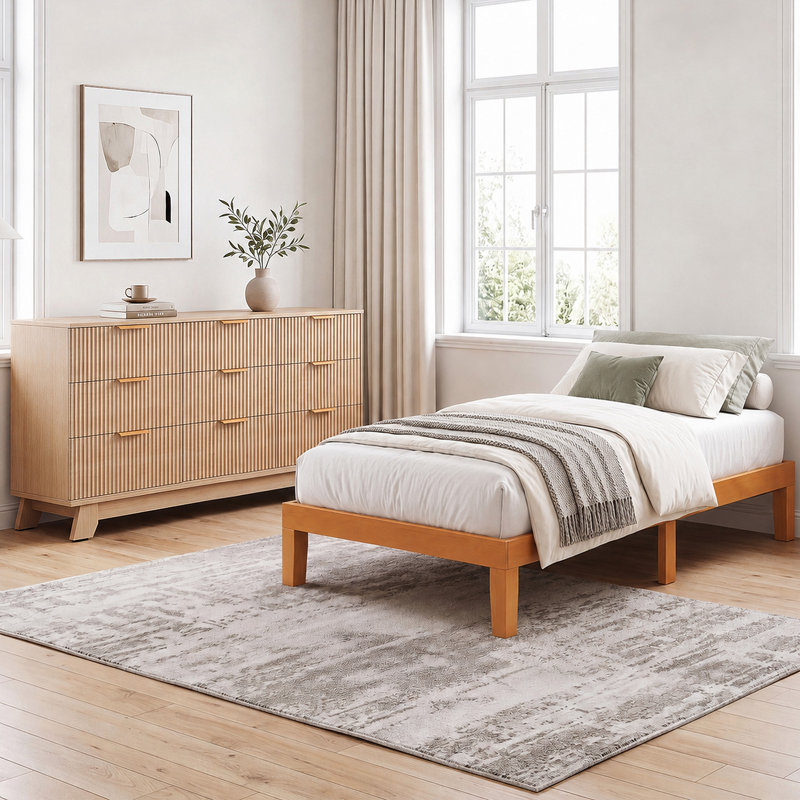 Lit plateforme en bois massif avec commode cannelée en bois, 14", Twin, 9