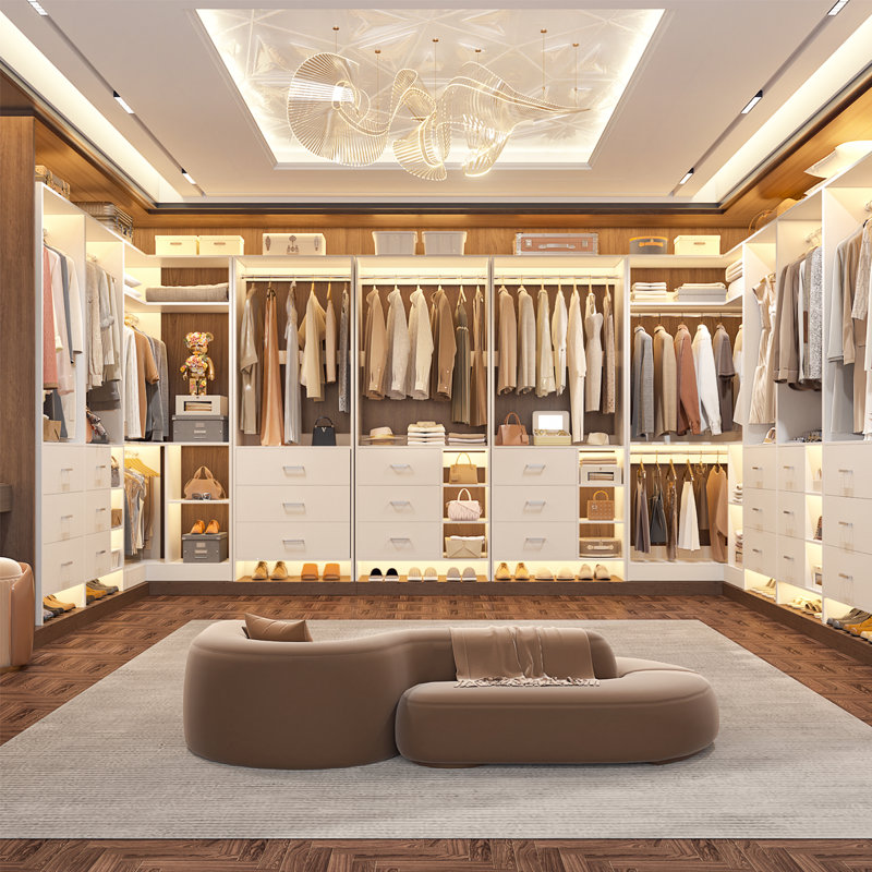 61'' - 92.6''  W Closet System with Wooden Drawers and Hanging Rods, White