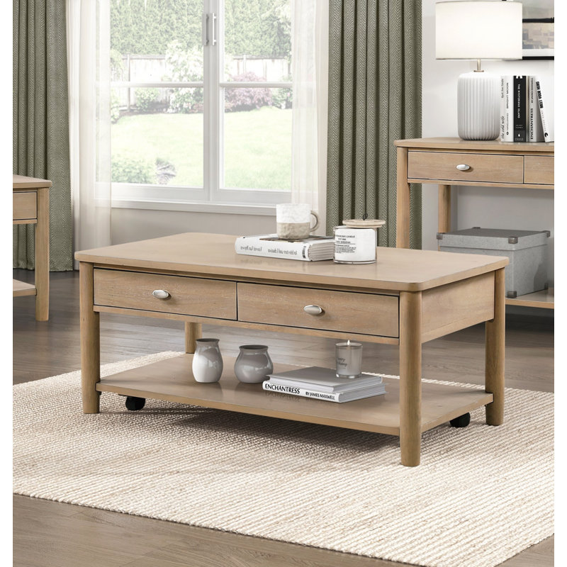 Table de centre de salon classique en bois naturel avec deux tiroirs et une tablette ouverte