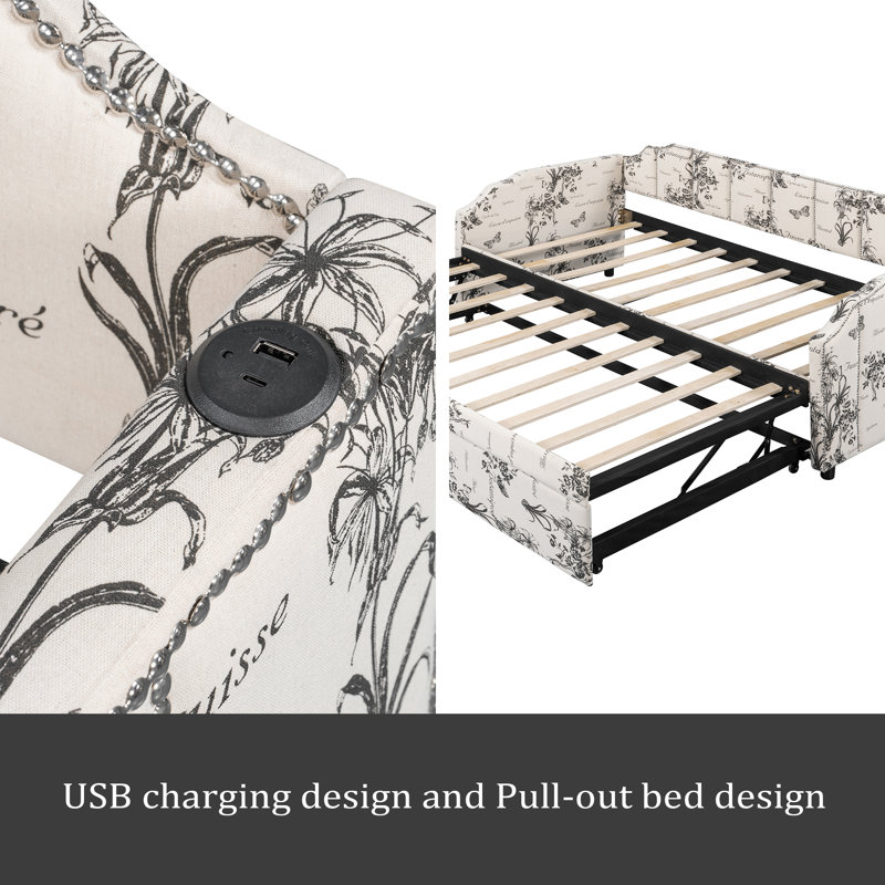 Lit de jour simple rembourré avec couchette escamotable et ports de chargement USB