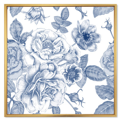 «White Vintage Flowers On Classic Blue II», reproduction d'art sur toile
