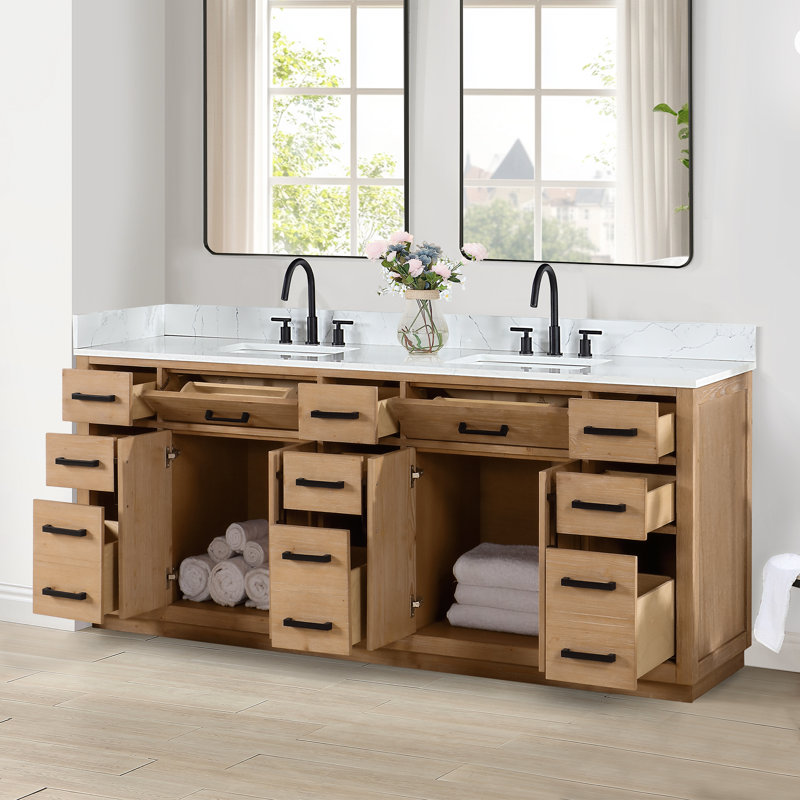 Meuble-lavabo double Gavino 84 avec comptoir, Marron clair