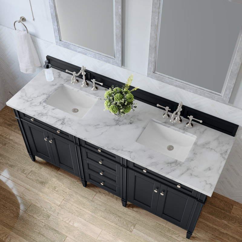 Meuble-lavabo double l 72 po Dussault, Noir onyx, Blanc de Carrare, 8 po