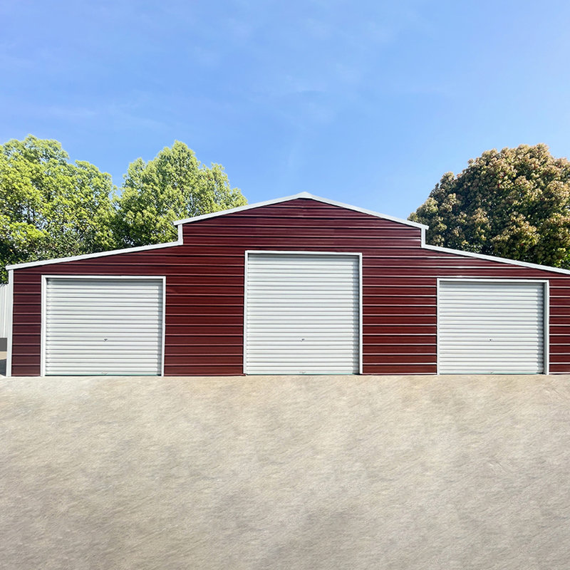 Garage en métal de 42 pi x 30 pi pour la maison et la ferme, acier vieilli, 14 cadres, 26 panneaux, trois portes roulantes, entrée latérale, fenêtre, finition rouille rouge, rangement pour outils de 15 à 20 ans