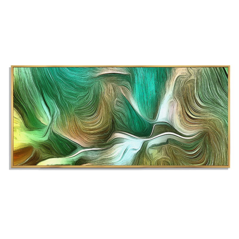 Vagues liquides dans les tons de vert III - peinture sur toile, H 28 po x l 60 po x P 1,5 po, Cadre doré