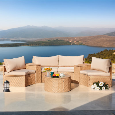 7 Piece Round Patio Sectional Furniture With Round Table, 2 Side Tables