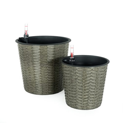 2-Pack Self-Watering Wicker Decor Planter For Indoor And Outdoor - Round - Grey
