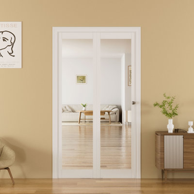 24in X 80in.H 1 Lites Bifold Mirror Closet Doors With Sliding Hardware Kit Set Bifold Barn Door Solid Manufactured Wood Door