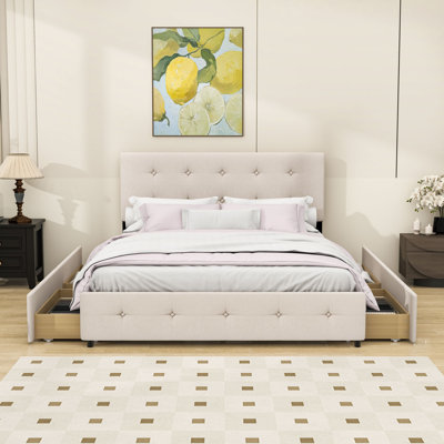 4 Drawers Upholstered Queen Platform Bed with Button-Tufted Headboard by Red Barrel Studio