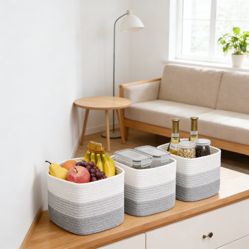 Cotton Rope Storage Baskets 3-Pack, Cube Organizer Bins For Toys Clothes Towels, Foldable Square Decorative Baskets For Shelf Closet Nursery Bathroom Pantry Organization