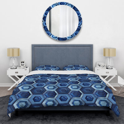 Ensemble de housse de couette moderne à motif hexagonal bleu et blanc II