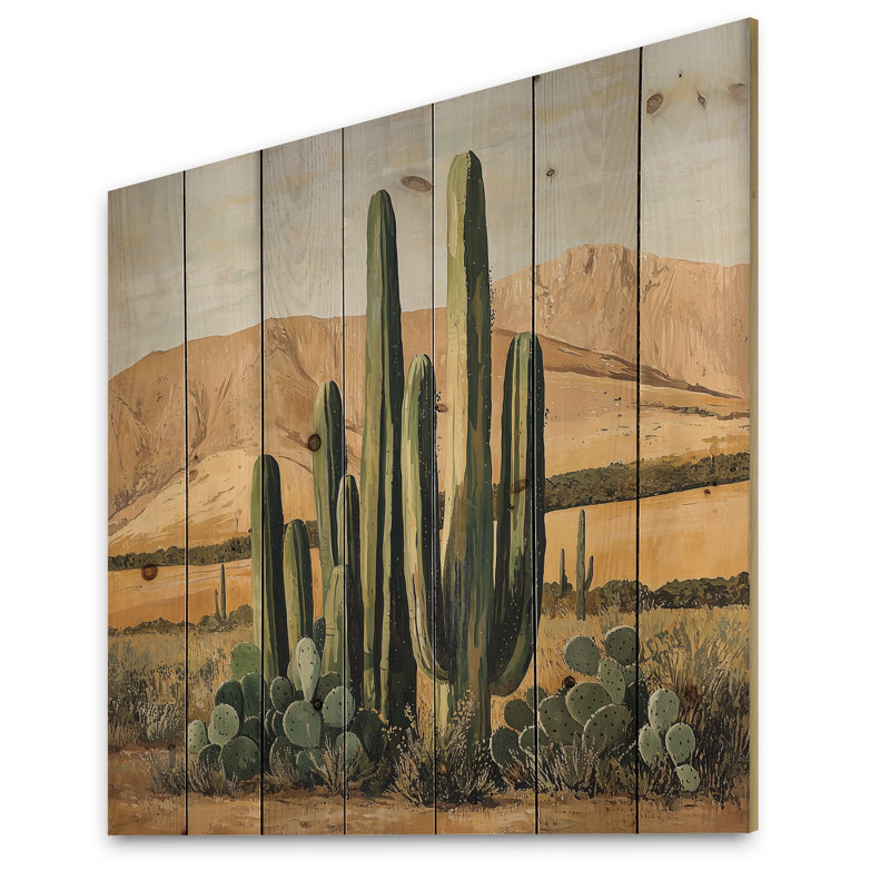 Cactus And The Desert Hills IV - Floral Cactus Wood Wall Art - On Natural Pine Wood, 30" H x 30" W x 0.78" D