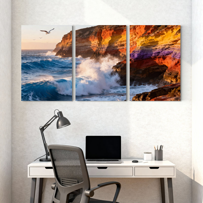 Ensemble de 3 impressions sur toile, "Scenic & Cityscapes Ocean Waves Crash Against Colorful Cliff", H 30 po x l 60 po