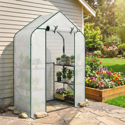 4.7' x 2.3' x 6.2' Small Greenhouse for Outdoors, 3 Tiers 6 Shelves, Portable Greenhouse with UV-resistant PE Cover, Walk-in Green House with Roll-up Door, White