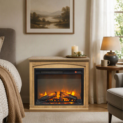 28 Inch Electric Fireplace with Mantel, 23 Inch Infrared Quartz Heater, Realistic Log and Brick Flame Effect, Freestanding Wooden Cabinet for Bedroom