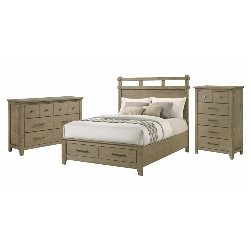 Ensemble de chambre à coucher 3 pièces Ashgrove Vineyard Oak Queen avec lit plateforme de rangement, commode et chiffonnier