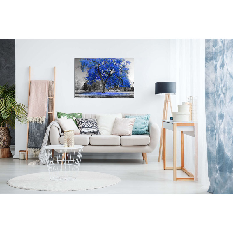 Large Tree Leaves Black White - Wrapped Canvas Print, 20cm H x 31cm W, Blue