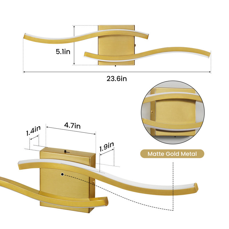 24" LED Bath Bar Dimmable 5CCT Bathroom Vanity Lighting, Brushed Gold, 5.1" H x 23.6" W x 1.9" D