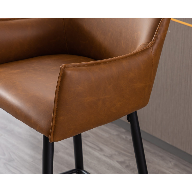 Brown Leather Upholstered Counter Stools with Metal Frame, Set of 2