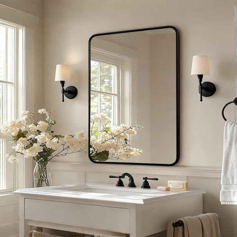 Modern Rounded Rectangular Bathroom Vanity Mirror | Stainless Steel U-Tube Frame, Matte Black, 36" x 30"