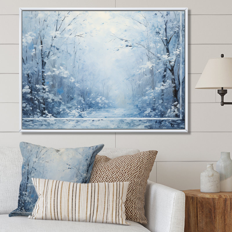 Paysage d'hiver «Snowfall forest I», art mural encadré paysage d'hiver, Cadre flottant brun, H 16 po x l 32 po x P 1 po
