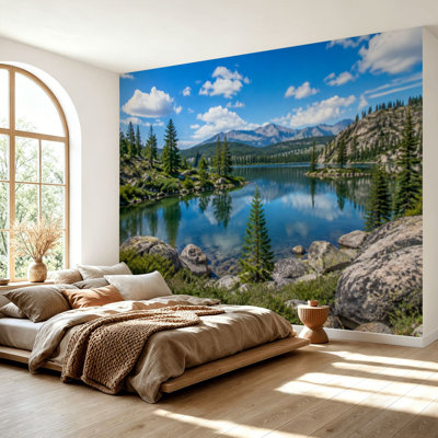 Wall Mural Peel and Stick Wallpaper Panoramic Scene Mountain Lake Lake Mary Wasatch Mountains Utah Self-Adhesive Removable Contact Paper Wall Decor for Living Room Bedroom 69"H x 96"W
