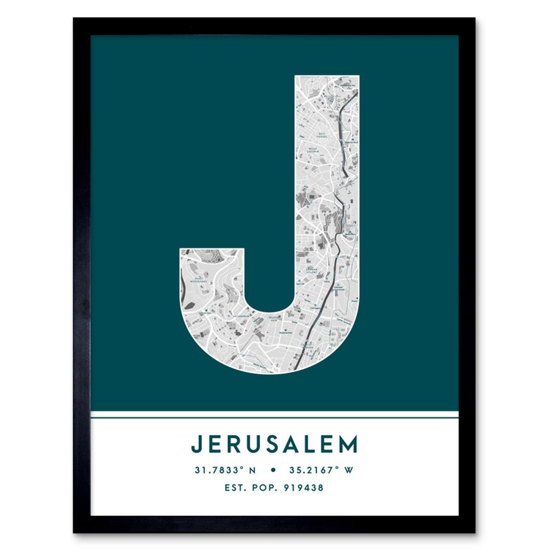 Jerusalem City Map Jerusalem Teal by Wee Blue Coo - Single Picture Frame Typography