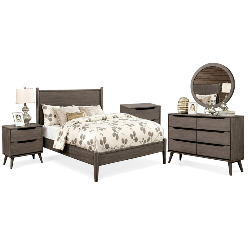 Ensemble de chambre avec grand lit 4 pièces Leyla, commode avec miroir ovale, bois gris, Gris, Grand