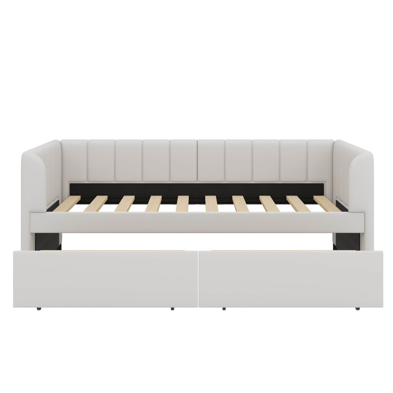 Lit de jour simple à coussin avec dossier ergonomique et 2 tiroirs, Beige