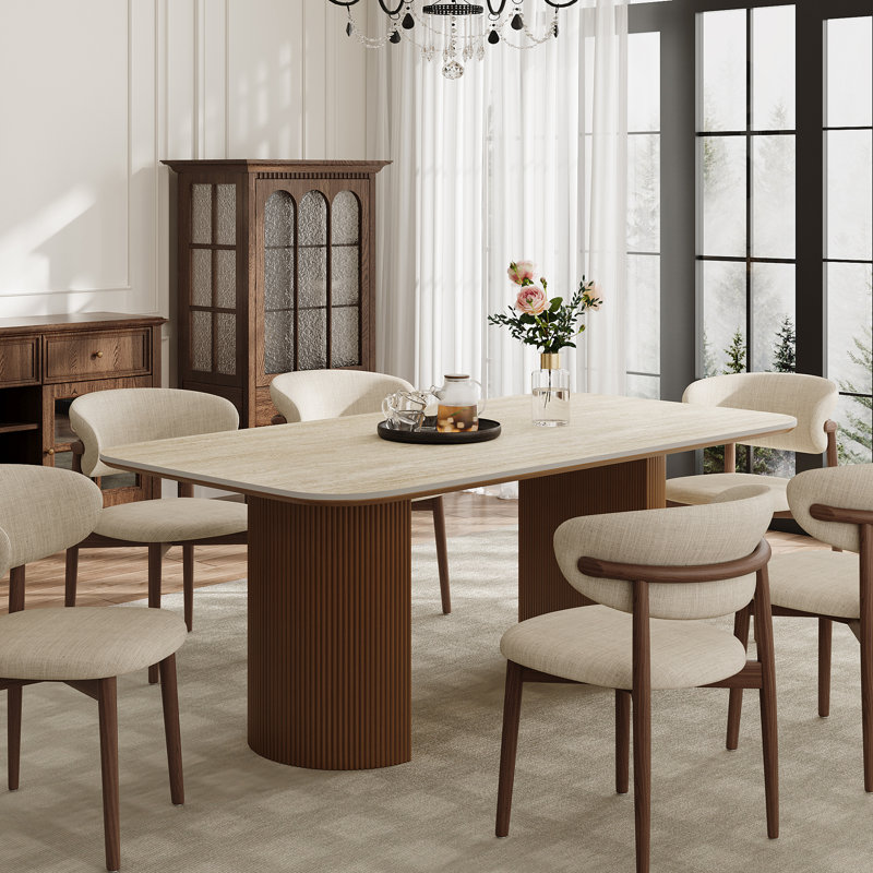 71'' Modern Rectangle Dining Table, Beige Sintered Stone and Wood Tabletop, High Quality Wood Double Fluted Pedestal