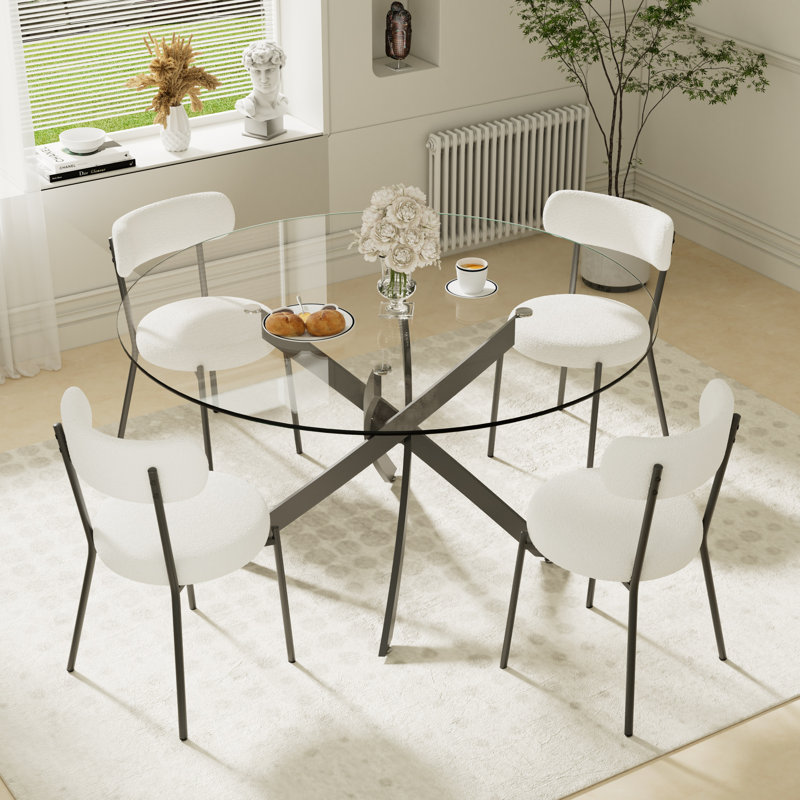 5-Piece Round Glass Dining Table Set, 29.5”H x 47.2”L x 47.2”W, White