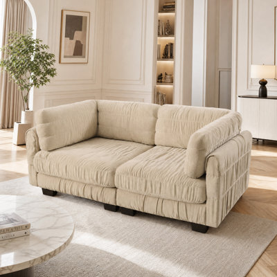 Ensemble canapé modulable deux places en chenille plissée, doté de mousse haute densité et de coussins de dossier épais en forme de L ; facile à assembler ; convient aux salons et aux chambres