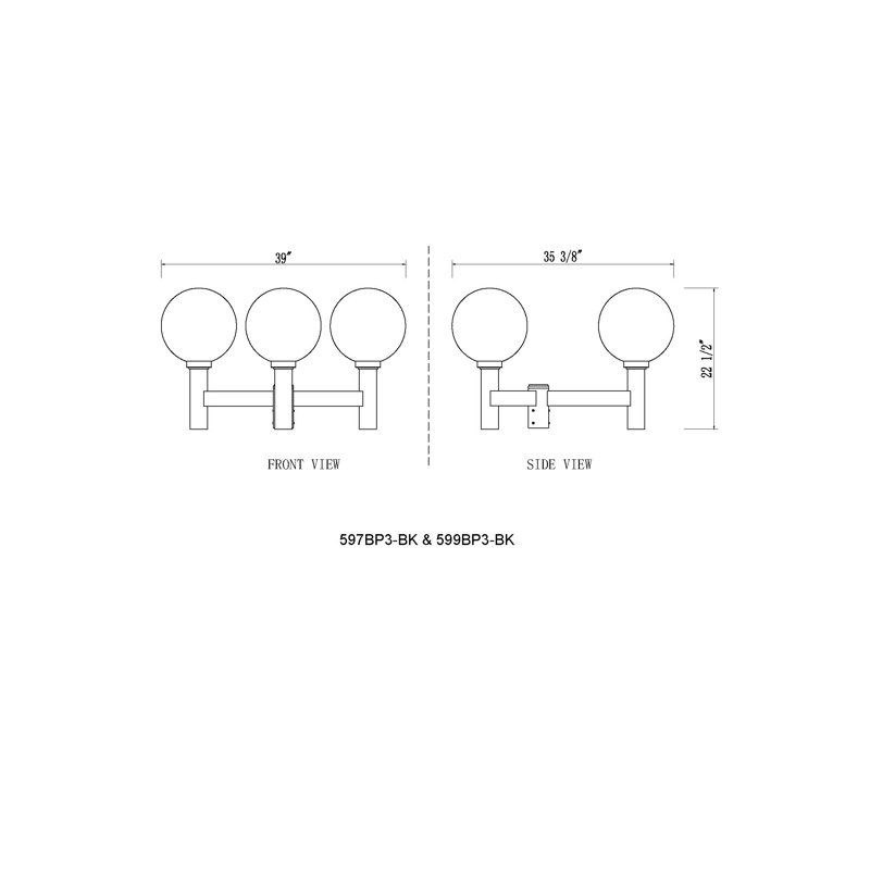 Tête de lanterne noire 3 lumières Milliken, Givré, H 22,5 po x l 39 po x P 39 po