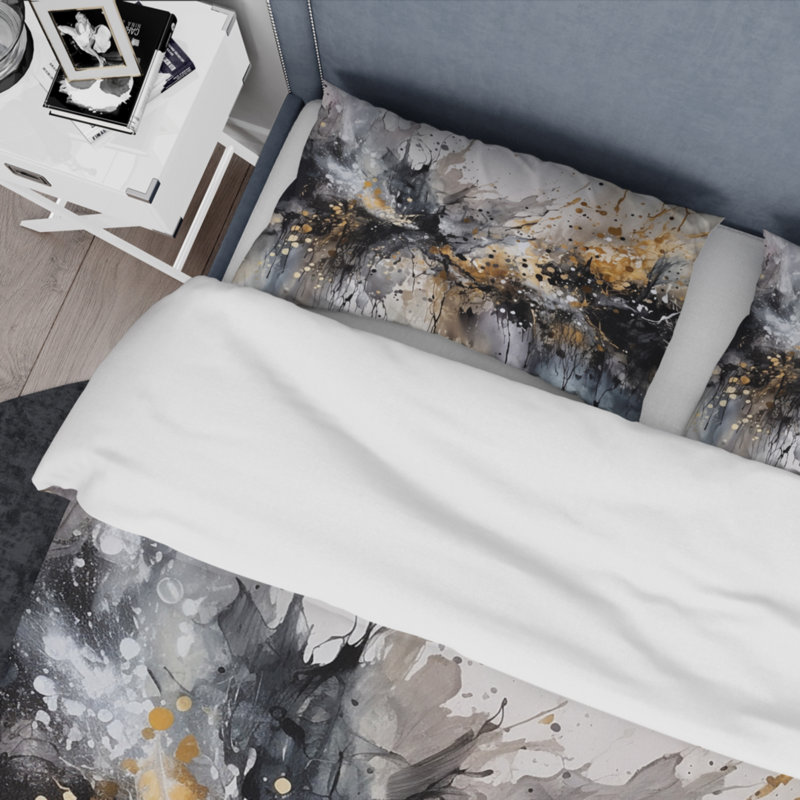 Twin Gray and Gold Abstract Brushstrokes Microfiber Duvet Cover Set