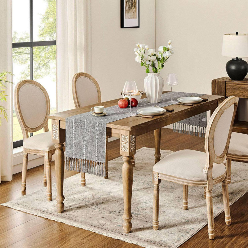 Gray Braided Striped Polyester Table Runner with Tassels