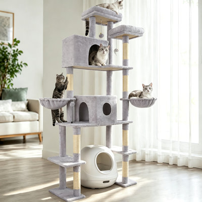 Tall Cat Tree with Double Condos and Plush Hammocks, Sisal Posts, Toys, Split Base