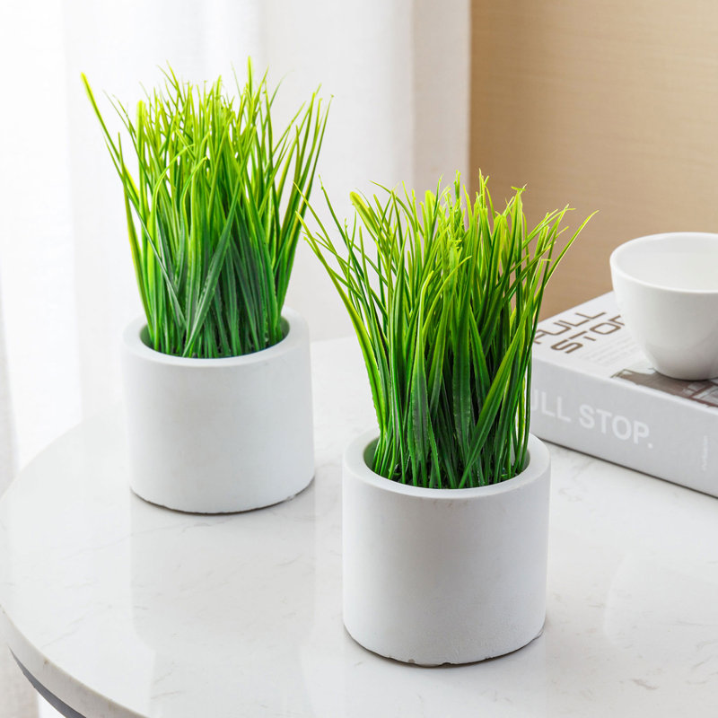 Set of 2 Faux Green Grass in White Cement Round Pots
