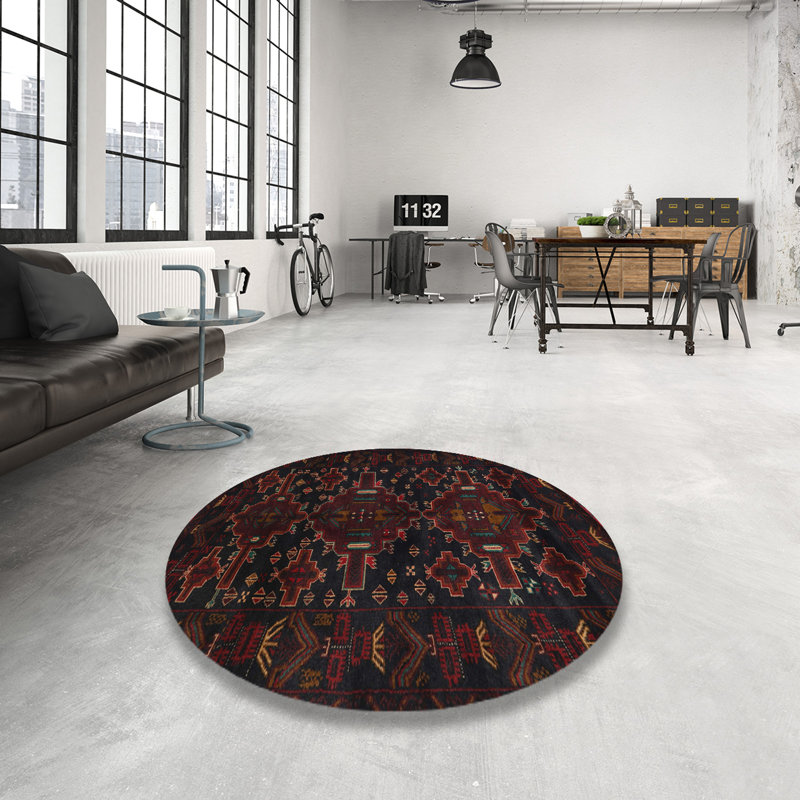 Tapis oriental noir / rouge / beige, Rond 8 pi
