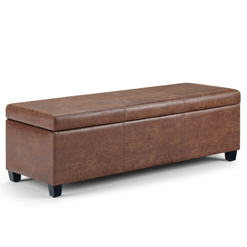 Distressed Umber Brown Faux Leather Storage Ottoman Bench