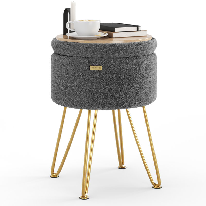 Round Boucle Ottoman with Storage, Gray, Gold