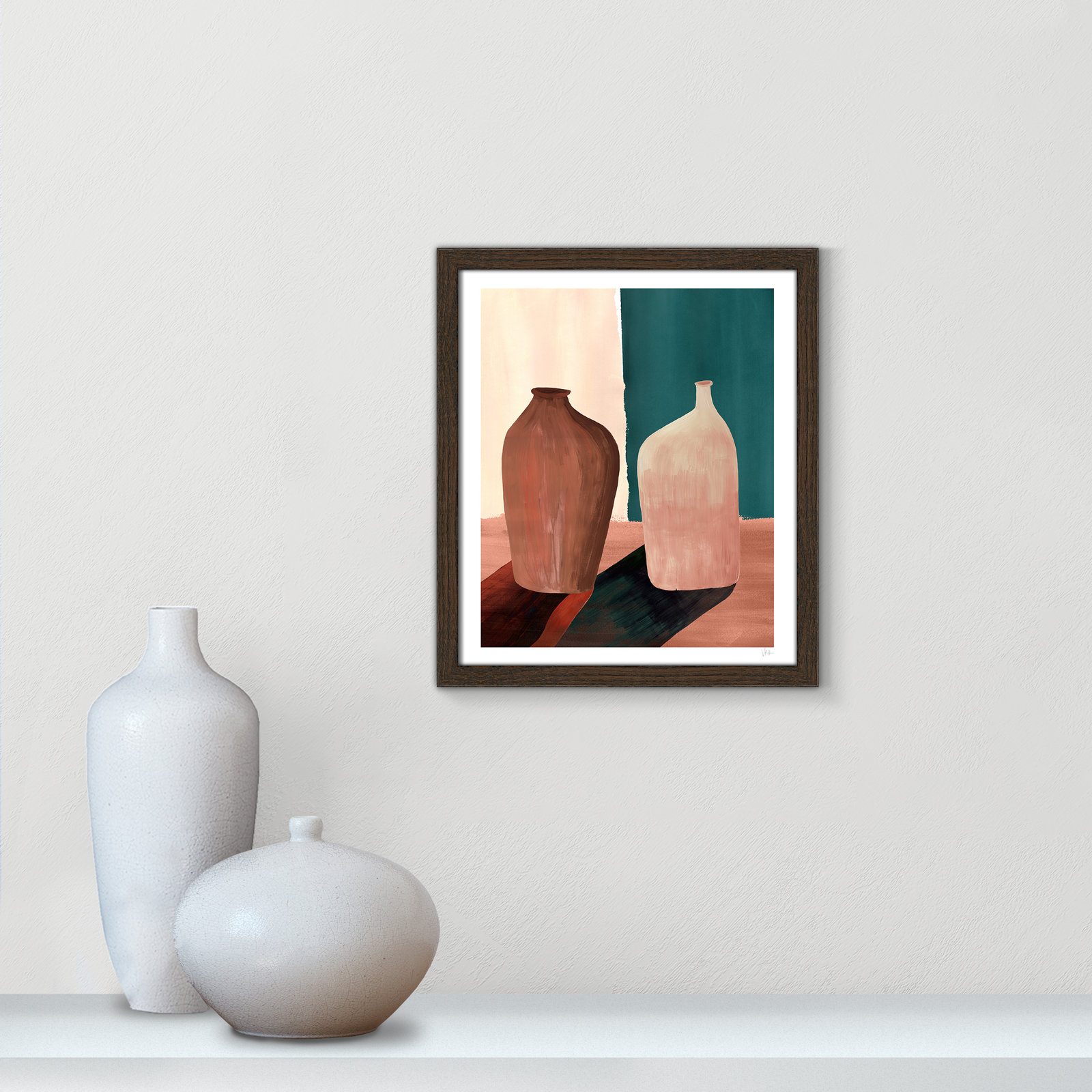 Contrast Pots Print by Violets Print House, 13'' W x 15'' H, Framed Print, Walnut Woodgrain