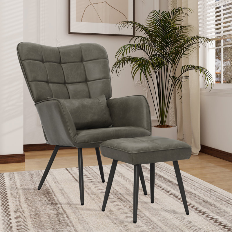 Chaise avec accoudoirs larges 28 po avec tabouret Lakara, Similicuir gris