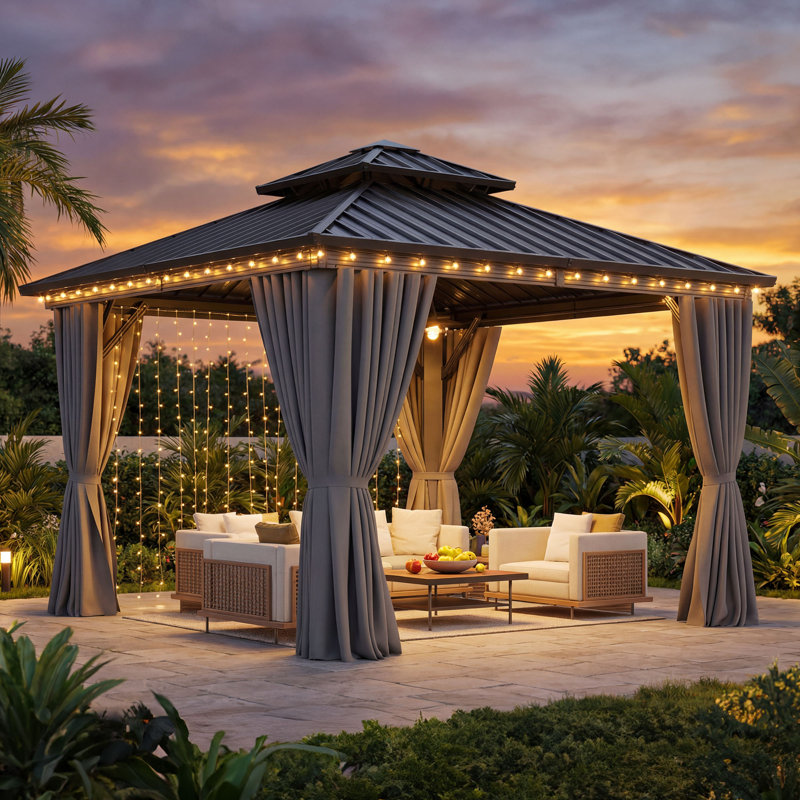 Balconera 10Ft. W X 10Ft. D Aluminum Patio Gazebo With Double Roof, Satin Black/Brown