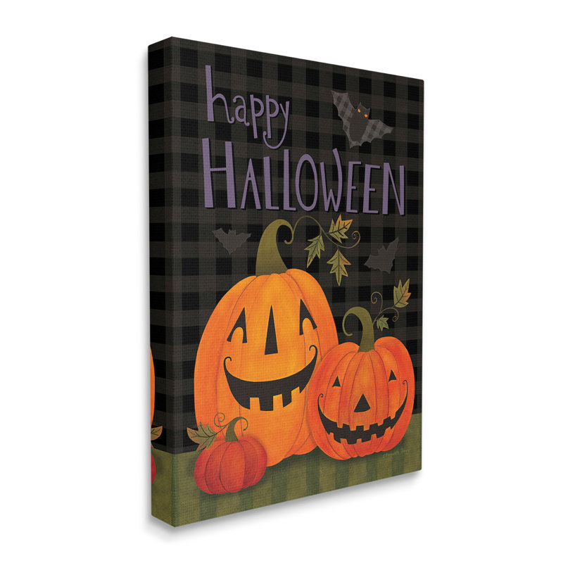 «Pumpkins & Bat On Plaid», art mural par Bernadette Deming, H 48 po x l 36 po