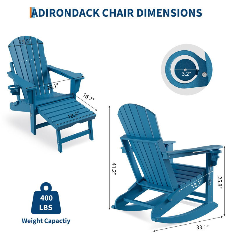 4-in-1 Folding Adirondack Chair with Ottoman & Rocking Base, All-Weather HDPE Patio Chair with Cup Holder, 380 lbs Capacity, 2 PCS