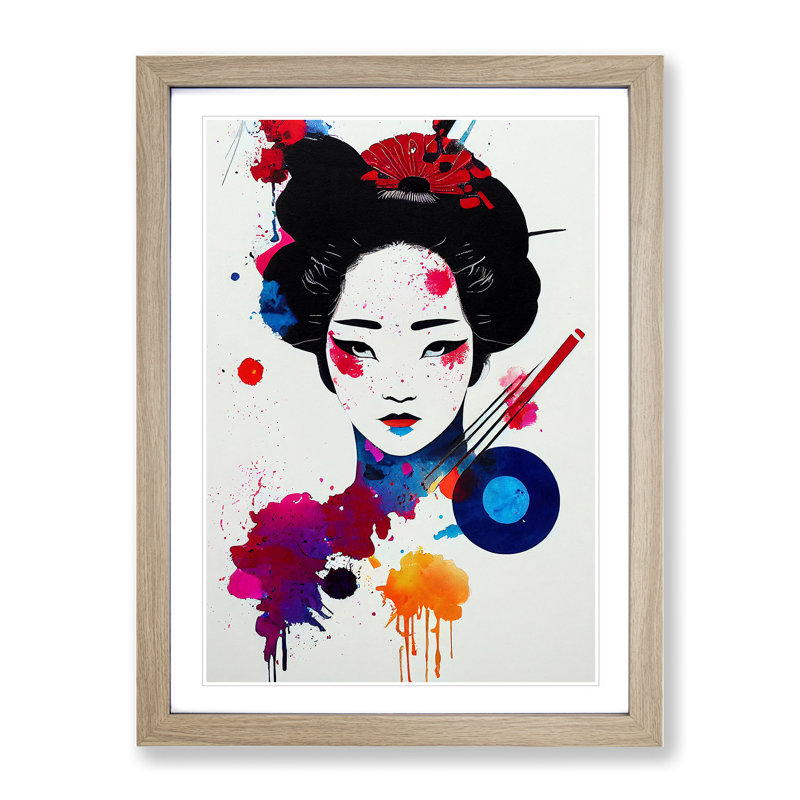 XV1022-4087X Splashed Geisha No.2 1 Piece Single Picture Frame Painting, 34cm H x 25cm W x 2cm D, Oak