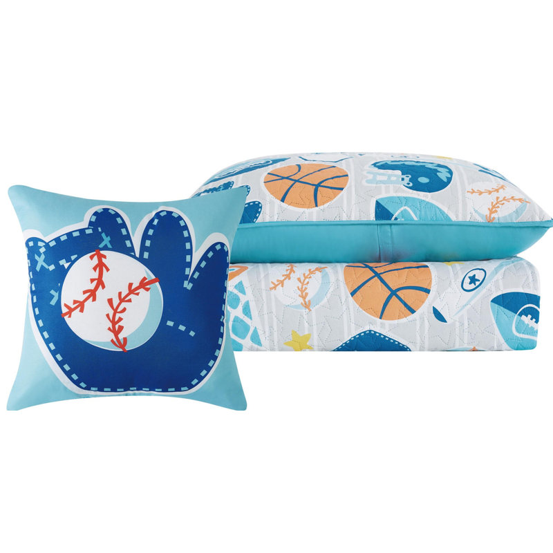 My World All Star Quilt Set - Sports Themed Bedding for Kids - Soccer, Basketball, Baseball, Football - Includes Decorative Pillow